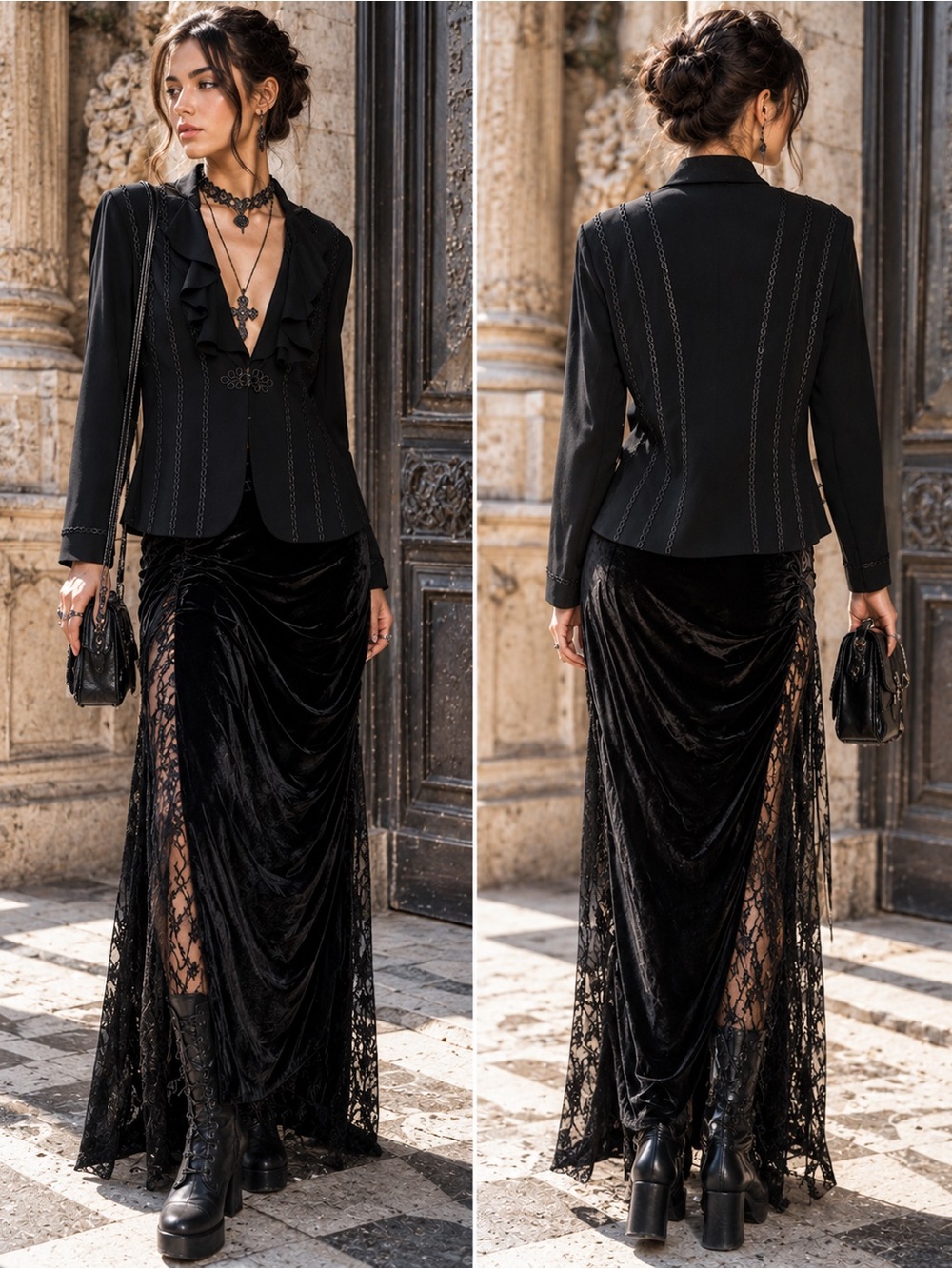 OSCAR de la Renta Black Braided Gothic Military Ruffle Front Jacket Sz US 12